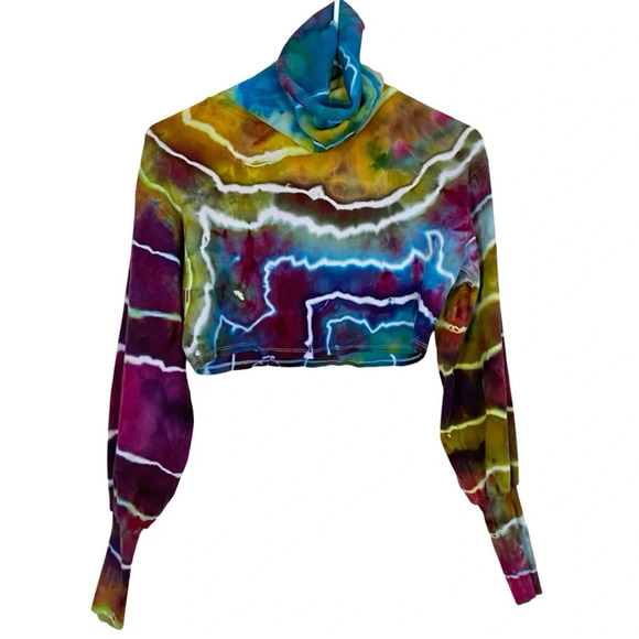 Hand Crafted Tops - Handmade Geode Tie Dye Crop Top Tee Blouse Womens Small Long Sleeve Turtleneck